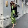 Metallic Green Skirt Silver High Waist A-line Pu Leather Hip Midi Long Slit Maxi Shiny Skirts Party Y2K Grunge Streetwear 240313