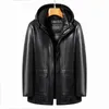 YN-2268 Vinter Middle Aged High Grade Men's Hooded Natural Leather Down Jacket Medium LG Löstagbar vit Duck Down Liner J9YZ#