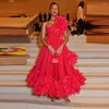 Casual Dresses Fashion Red Ball Gown Performance Stage Clothing Elegant Single Shoulder Diagonal Collar Long Dress for Women Spring