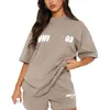 T-shirt firmata da donna stampata moda estiva casual set sportivo da donna nuovo set con cappuccio e lettera sportiva stampata pullover a maniche corte set due pezzi