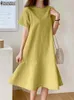 Zanzea Kvinna O-hals blixtlås Kort ärm Sundress Summer Woman Solid Dress Stylish Elegant Work ol Vintage Loose Midi Dresses 240320