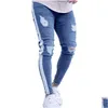 Jeans masculinos homens rasgados lado vintage listrado lápis calças masculino distrressed magro ajuste magro com entrega de gota vestuário dhugz