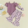 Ensembles de vêtements pour bébés filles, 3 pièces, manches courtes, nœud avant, barboteuse, pantalon évasé, bandeau, combinaisons en coton pour tout-petits