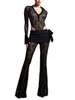 Women Sexy 2 Piece Pants Set See Through Crop Camisole Top Sheer Floral Lace Flare Bell Pants Slim Matching Y2k Set240327