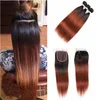 Brasilianska ombre mänskliga hårväv 3 -buntar med stängning T1B 33 Dark Auburn Straight Virgin Hair Bundles med spetsstängning MID8726087