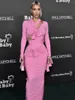 Casual Dresses Modphy 2024 Kvinnor Sexig Bow Cutout Design Lång ärm Tight Side Slit Ealegant Party Club Evening Pink Maxi Vestidos Gown