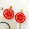 Boucles d'oreilles pendantes rondes perlées, tissage d'une toile de rêve ajourée, marée rouge, tricot Simple à la main, perle de riz en cristal de bohème