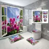 Rideaux de douche, ensemble de rideaux de fleurs, plantes florales, tapis de toilette antidérapant, fond coloré, Style Simple, décoration de salle de bain à domicile