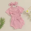 Clothing Sets 0-18M Baby Girl Summer Knit Outfits Solid Color Rib Ruffles Short Sleeve Rompers Shorts Headband 3Pcs Cute Girls Clothes Set