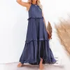 Mode été robe longue ample femmes décontracté élégant à volants licou sans manches femme tenues de fête plage Maxi vert 240318