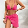 Costume da bagno da donna Reggiseno all'americana Slip a vita bassa Copricostume Set bikini con lacci in 3 pezzi con tinta unita sexy