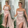 Fabulous pink Evening Dresses elegant beaded strapless satin Formal Prom dress pleats thigh split sweep train Robe De Soiree