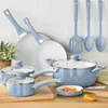 Köksredskap sätter grundpelare 12 st keramiska set blå linne non stick kokkruka krukor