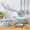 Ensembles de batterie de cuisine Mainstays 12pc ensemble en céramique bleu lin antiadhésif marmite casseroles