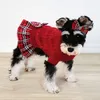 Hundtröja klänning koppel hål för små hundar kjol med bowtie, buffel check Turtleneck doggie pullover stickwear, valp tröja, röd