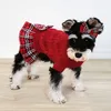 Robe pull pour chien, trou de laisse pour petits chiens, jupe avec nœud papillon, col roulé à carreaux de buffle, pull en tricot pour chiot, rouge