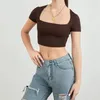 T-shirt da donna Sexy scollo quadrato Crop Top Manica lunga Slim Fit T-shirt corta elastica di base Y2K Top T-shirt sportive