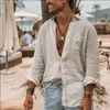 Men's Casual Shirts Autumn Solid Color European American Cotton Linen Loose Fitting Lapel Long Sleeved Cardigan Beach Shirt Style