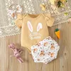 Kleidung Sets Infant Baby Mädchen Ostern 3 stücke Outfit Brief Drucken Kurzarm Strampler mit Muster Shorts und Stirnband Set