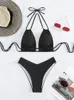 Plus size praia bikini preto sexy halter push up maiô 2 peça define 2023 verão feminino fatos de banho 240322