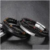 Kralen Mtilayer Gevlochten lederen wikkelsteen armbanden Lava Tijgeroog Natuurlijke edelsteen armband Magnetische sluiting Bangle Manchet Polsband Dr. Ot9Qa