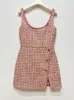 Casual Dresses Women's Pink Tweed Tank Mini Dress 2024 Slant Button Split Design Ladies U-Neck Slim Sleeveless Short Robe