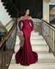 Elegant Burgundy Mermaid Evening Dresses for Women Off Shoulder Beaded Long Sleeves Formal Wear Prom Birthday Party Pageant Gowns Special Occasion Dress