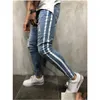 Heren Jeans Heren Blauw Denim Gescheurd Slim Fit Zijgestreept Mannelijke Skinny Potloodbroek Casual Broek Met Ritsen Drop Delivery Kleding Dhuns