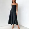 Gebreide geplooide lange jurk hoge taille midi sling elegante mouwloze gele jurk streetwear zwarte bodycon 240319