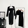 Robes de travail Sexy et élégantes pour femmes, ensemble d'automne noir, coupe cintrée, mode jupe portefeuille, costume tempérament mi-long