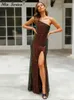 Sukienki swobodne Elegancka cekinowa dzielona maxi sukienka Kobiety seksowne jedno ramię w rękawie Bodycon długie 2024 Lady Evening Party Sraine Vestidos