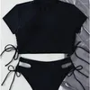 Women's Swimwear Summer Fashion Sexy Solid Color Bikini Set High Waist Swimsuit Rope Bow Beach Strappy