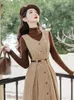 Casual Dresses England Style Women Outfits Modern Turtleneck Slim Knit Sweater & Tweed Stripped Chunky Woolen Suspenders Dress With Brooch