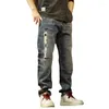 Men's Jeans 2024 Seasonal Mid Rise Straight Leg Distressed Patch With High-Quality Loose And Simple Casual