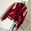 Streetwear Red Bomber Jacket Women Sweatshirt Baseball Jersey Stand Collar Coat Loose Outerwear Long Sleeve Harajuku Crop Top 240319