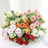 장식용 꽃 10 머리 인공 분홍색 장미 유칼립투스 꽃다발 결혼식 신부 꽃 거실 테이블 홈 장식 가짜