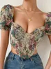 Women's T Shirts 2024 Fashion Vintage Sexy Floral Print Irregular Crop Top Women Short Sleeve Low Cut Slim Zip Up T-Shirt Club Party Retro