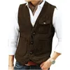 Herringbe ull tweed Men's Vest Brown V Neck Single Breasted Retro Tooling Vest Male Gentleman Busin Waistcoat For Wedding W2x6#