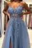 Fantastic Blue Tulle Prom Dresses Sexy A Line Spaghetti V Neck Appliques Beads Front Split Evening Gowns BC5488
