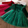Mädchenkleider 2023, rotes Weihnachtskleid für Babys, Winter-Langarm-Mesh-Kleider für 3–8 Jahre, Kinder-Stern-Pailletten-Geburtstagsfeier, Prinzessinnenkleid yq240327