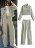 Traf Gal Spring Elegant Women Bomber Jacket passar långärmad fickor Kort kappa kvinnliga skördet Topplast Wide Pants Set Y2K 240327