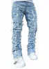 Man staplade jeans elastiska midja rak fit patchworks denim lg byxor fransar rippade jeans för män 20dq#