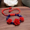 Charme pulseiras coreano artesanal tecido rosa flor pulseira para mulheres menina moda corda vermelha frisada acessórios festa jóias presentes