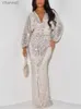 Urban Sexy Dresses Silver Sequin Party Women Deep V Neck Long Sleeve Empire Floor Length Sparkly Cocktail Prom Evening Gowns Fall 2024 yq240327