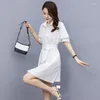 Party Dresses Solid Shirt Dress 2024 Summer Women's Polo Collar Fashion Belt Midje Wrapped Work Casual Style Pendlare Trend