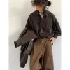 INS Vintage Set Hombres Mujeres Japonés Rayas sueltas Camisa de manga larga + Color sólido Pierna ancha Casual Pantalones de pierna recta Traje unisex 92aq #
