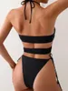 Mulheres Swimwear 2 Pçs / Set Mulheres Maiô Preto Backless Pads Bikini Set Halter Triângulo Bra Side Tie Tanga Roupas