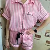 ピンクのストライプ2PCSパジャマセット女性ナイトウェアシャツパンツシルクサテンパジャマラウンジウェアホームスーツルーズファッションスリープウェア240327