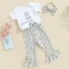 Set di abbigliamento Set di pantaloni per bambina Set di maniche corte con stampa di lettere, pagliaccetto con fascia svasata e fiocco