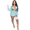 2024 Designer Tracksuits Spring 3 Pieces Set Women Outfits Sexiga BH -shorts och långärmad skjorta Sweatsuits Casual Solid Beach Wear Wholesale Clothing 10857